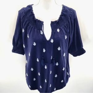 Lucky Brand Women's BohoTop Embroidered Navy Short Sleeve |Size SP